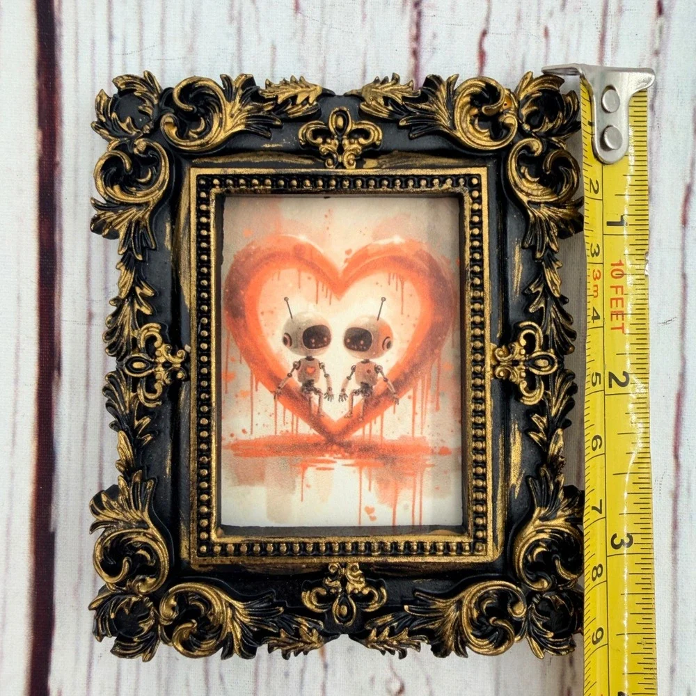 Robot Love Art Print Small Ornate Black Gold Resin Frame Decoupage 3.5in